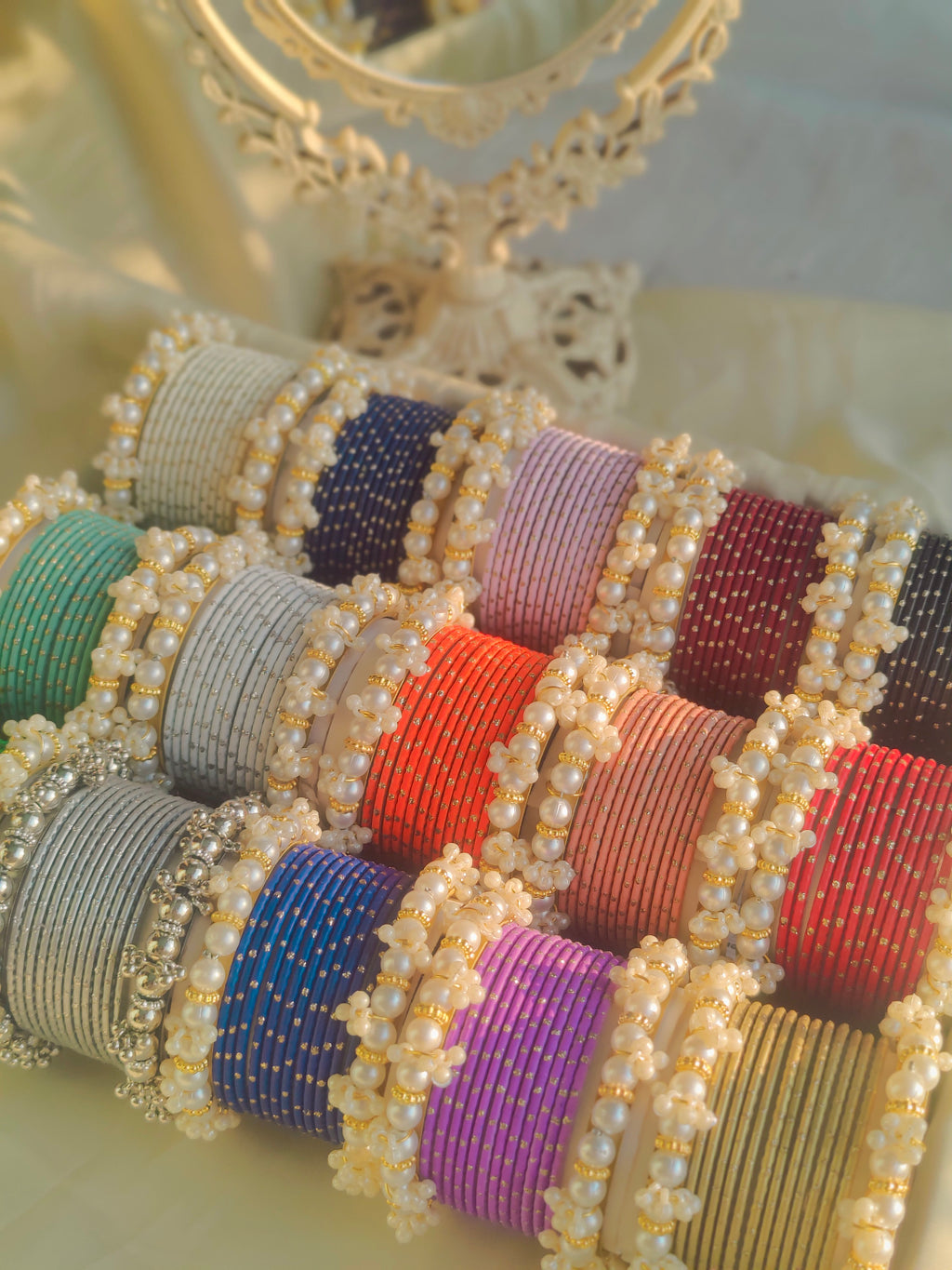 Trendy & Elegant Metal Bangles Set with White Pearls Kangan in Different Colors