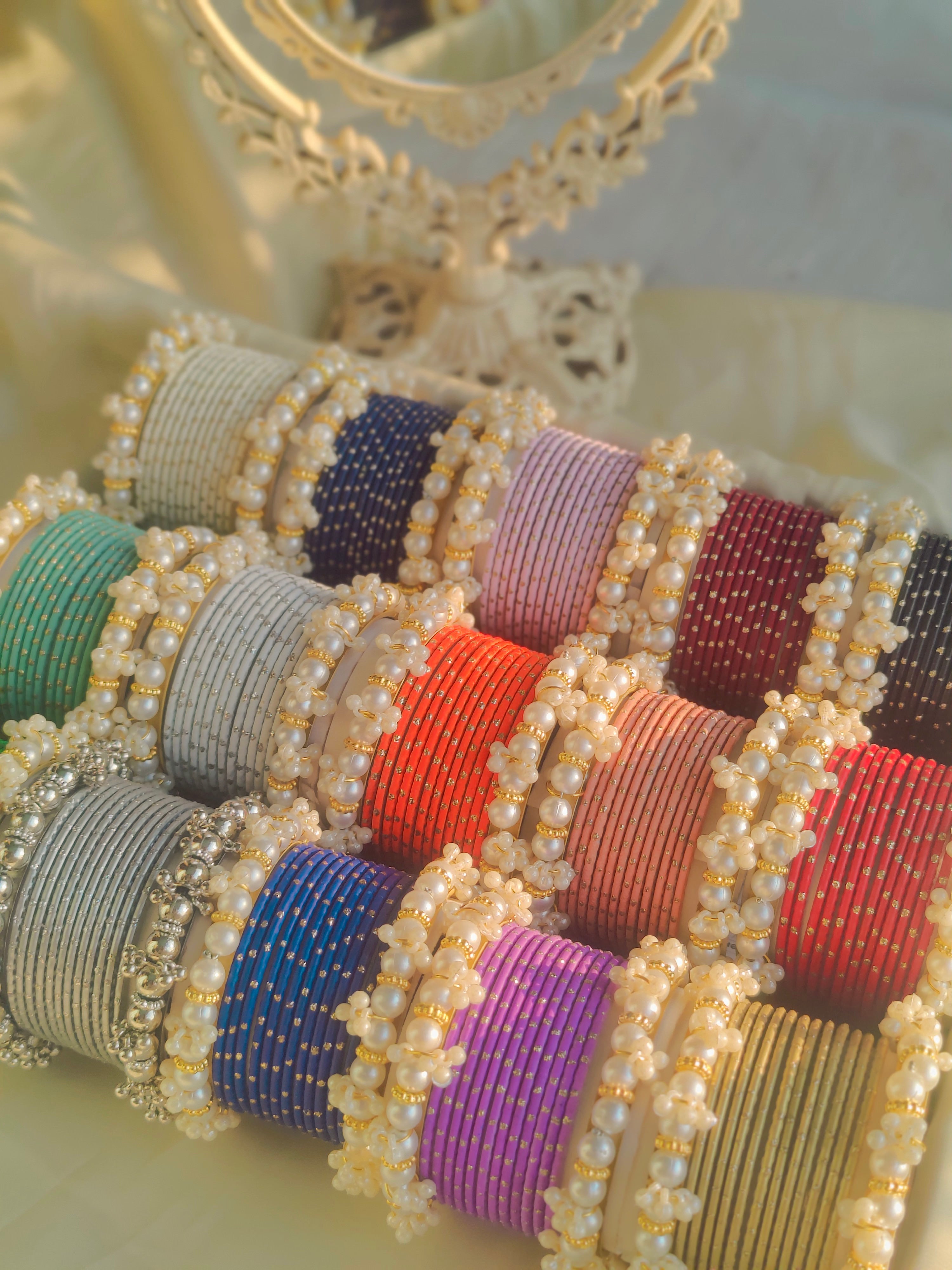 Trendy & Elegant Metal Bangles Set with White Pearls Kangan in Different Colors