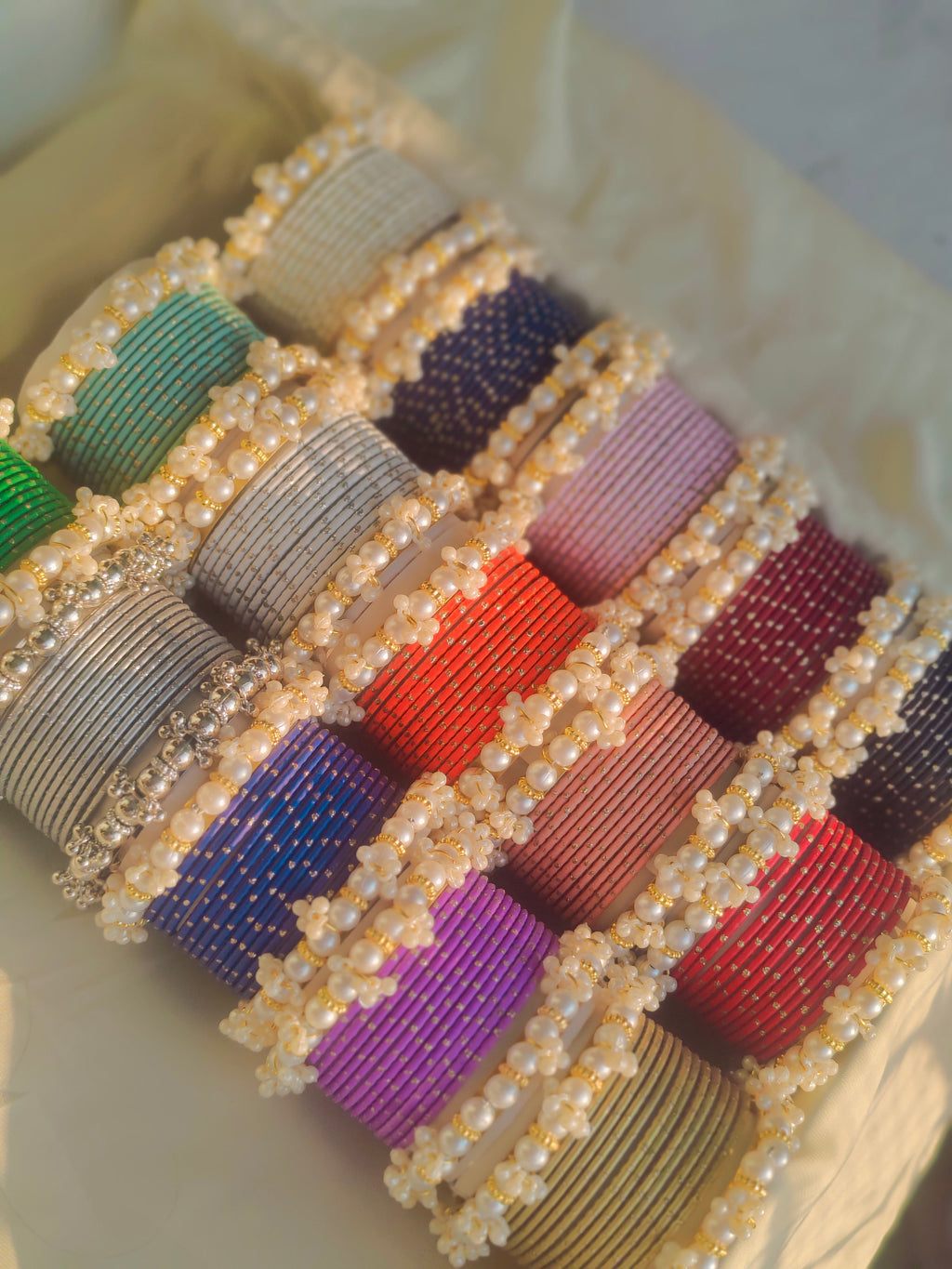 Trendy & Elegant Metal Bangles Set with White Pearls Kangan in Different Colors