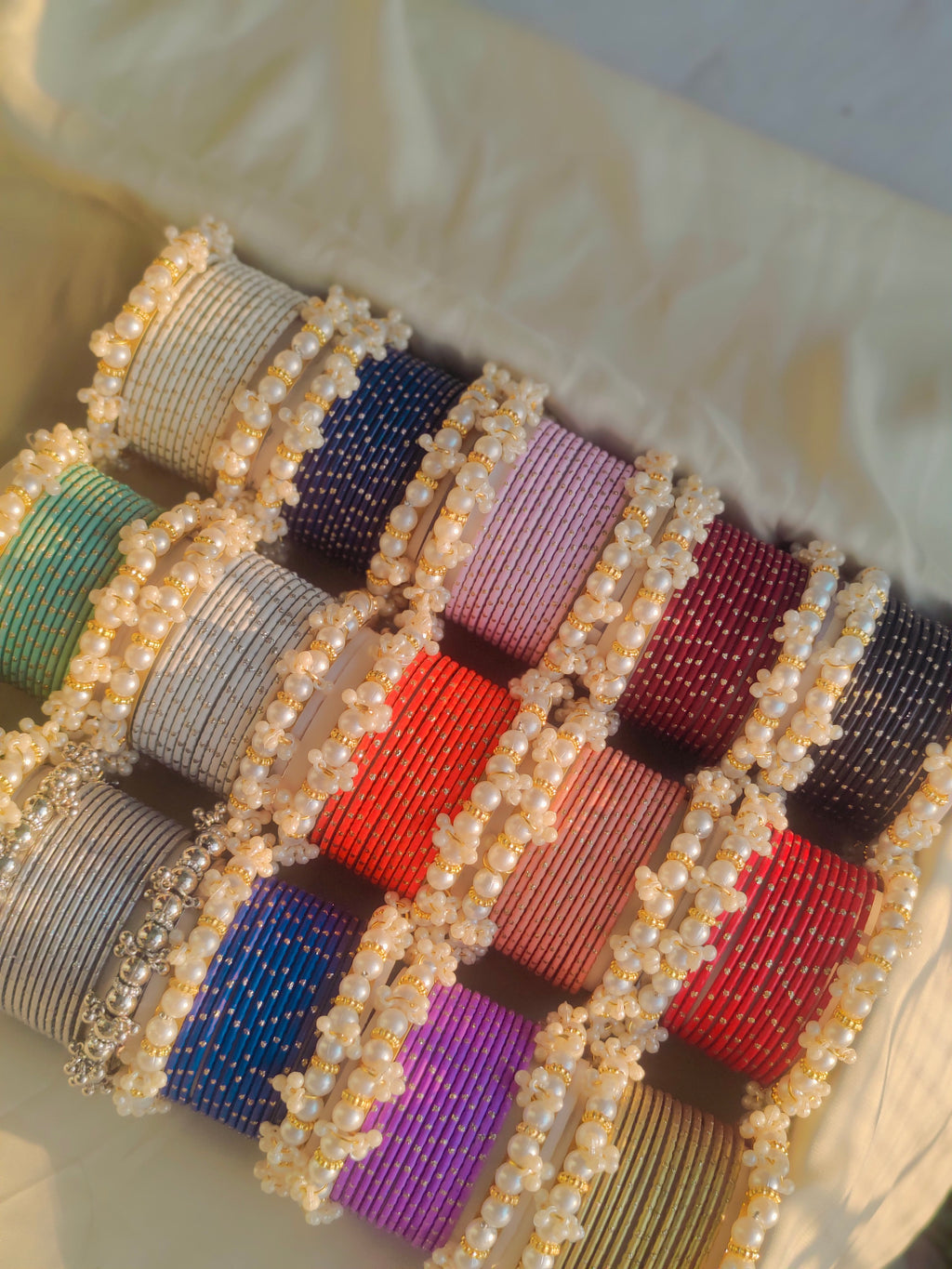 Trendy & Elegant Metal Bangles Set with White Pearls Kangan in Different Colors