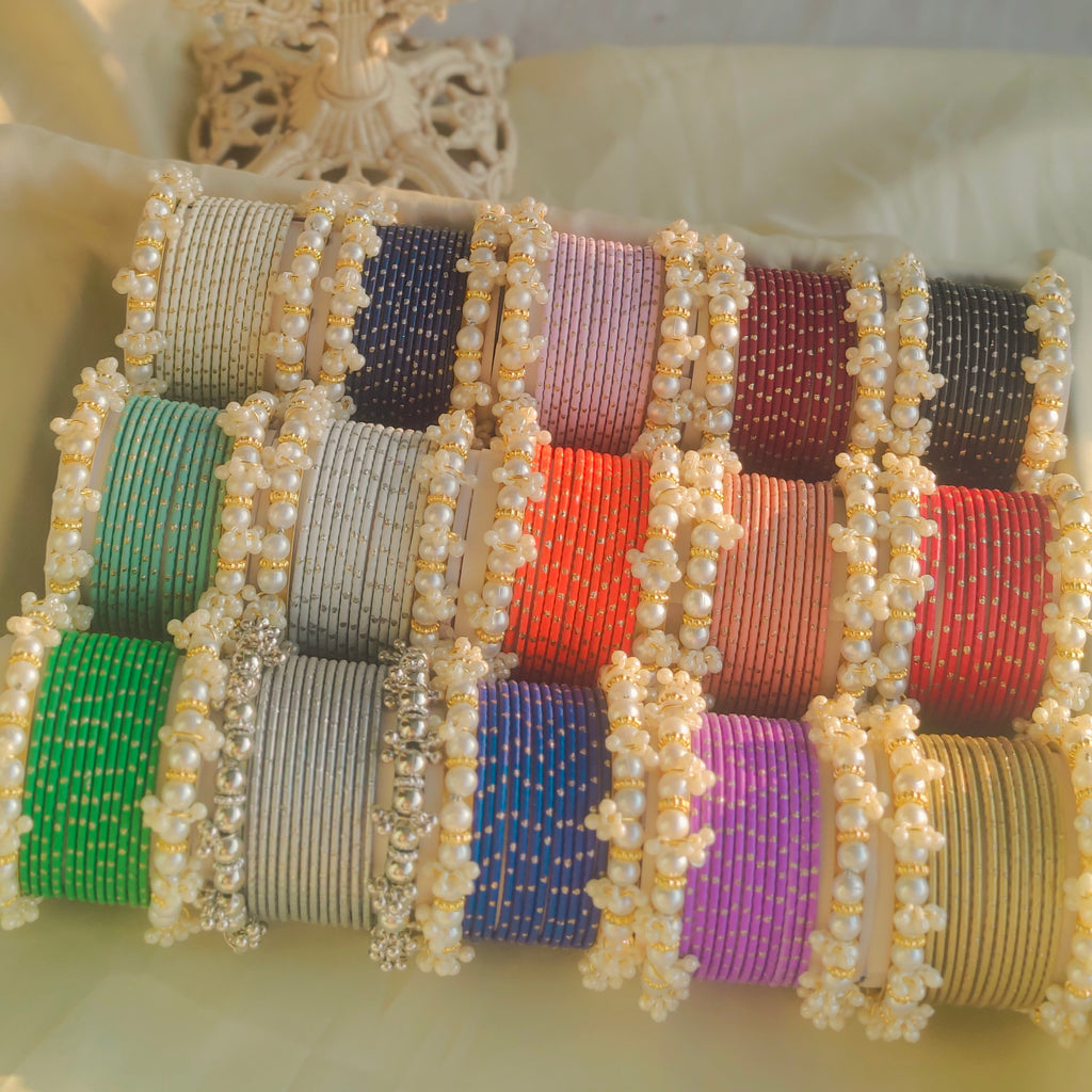 Trendy & Elegant Metal Bangles Set with White Pearls Kangan in Different Colors